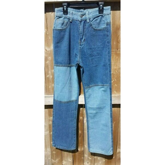 Medium 6 Patchwork Blue Jeans High Waisted Straight Leg Denim - Picture 1 of 8